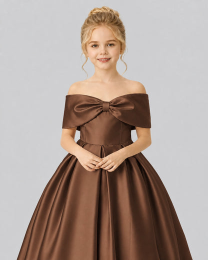 Chocolate Satin Flower Girl Dress Detail View