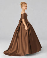 Chocolate Satin Flower Girl Dress Side View
