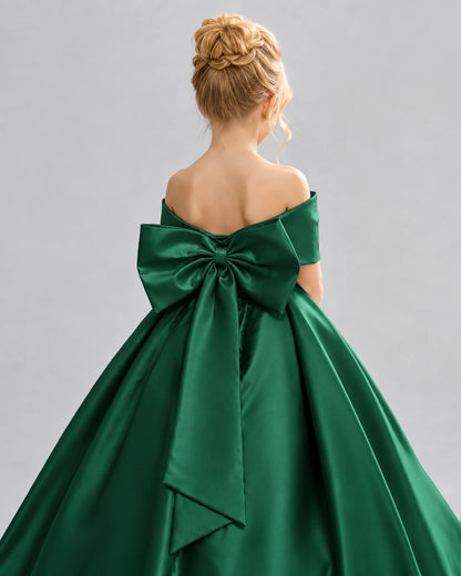 Dark Green Satin Flower Girl Dress Back Detail View