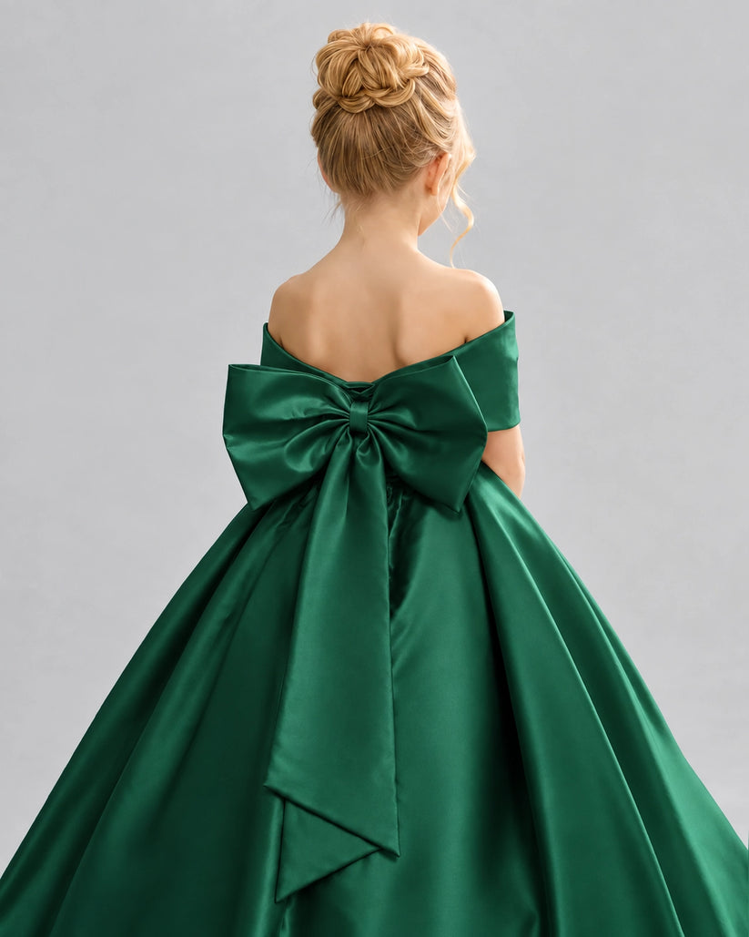 Dark Green Satin Flower Girl Dress Back Detail View