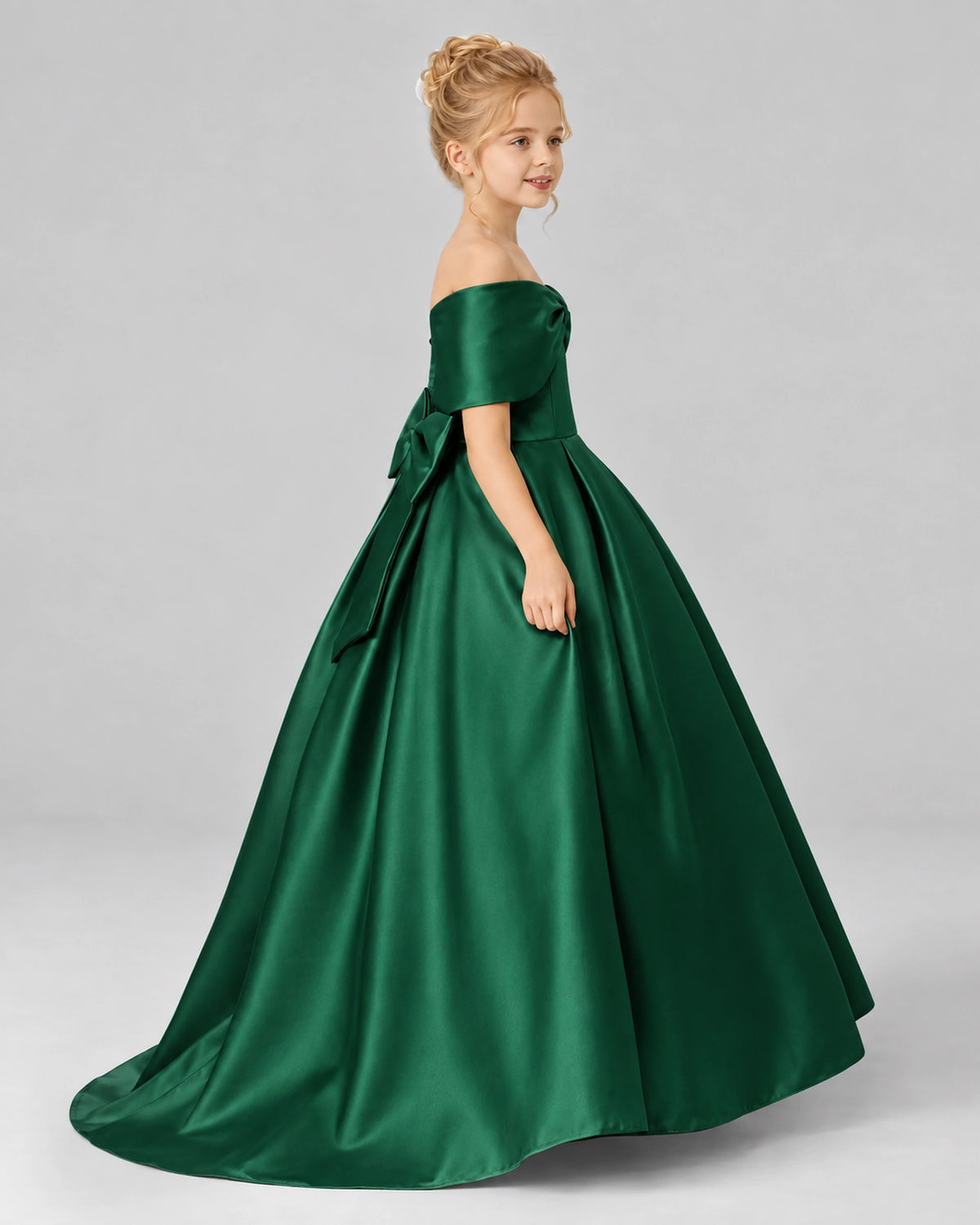 Dark Green Satin Flower Girl Dress Side View