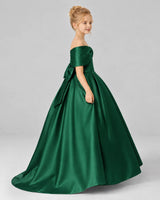 Dark Green Satin Flower Girl Dress Side View
