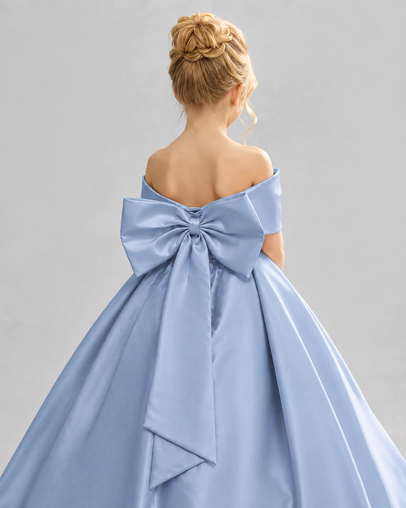Dusty Blue Satin Flower Girl Dress Back Detail View