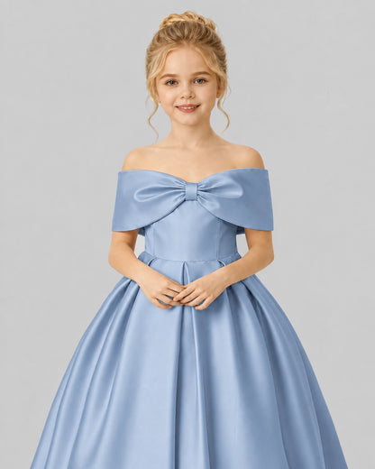 Dusty Blue Satin Flower Girl Dress Detail View