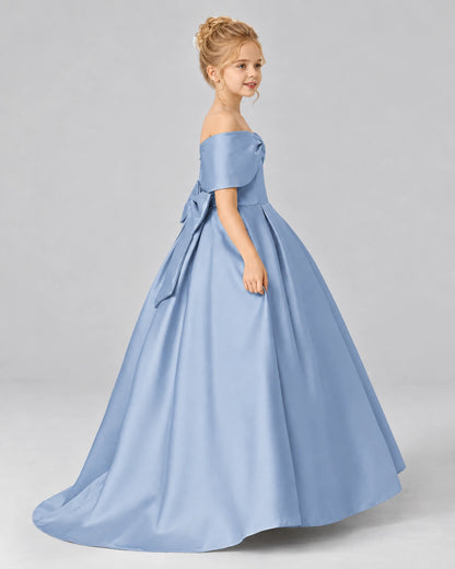 Dusty Blue Satin Flower Girl Dress Side View