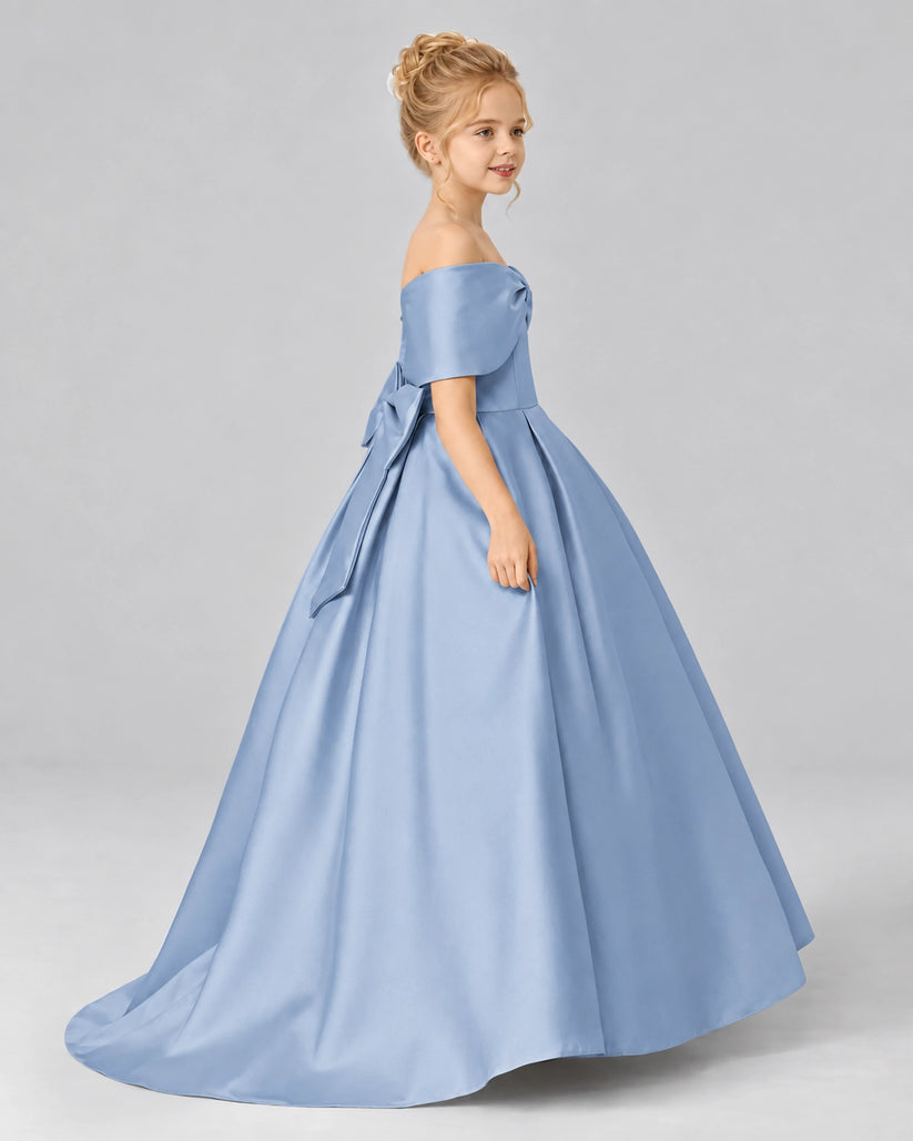 Dusty Blue Satin Flower Girl Dress Side View