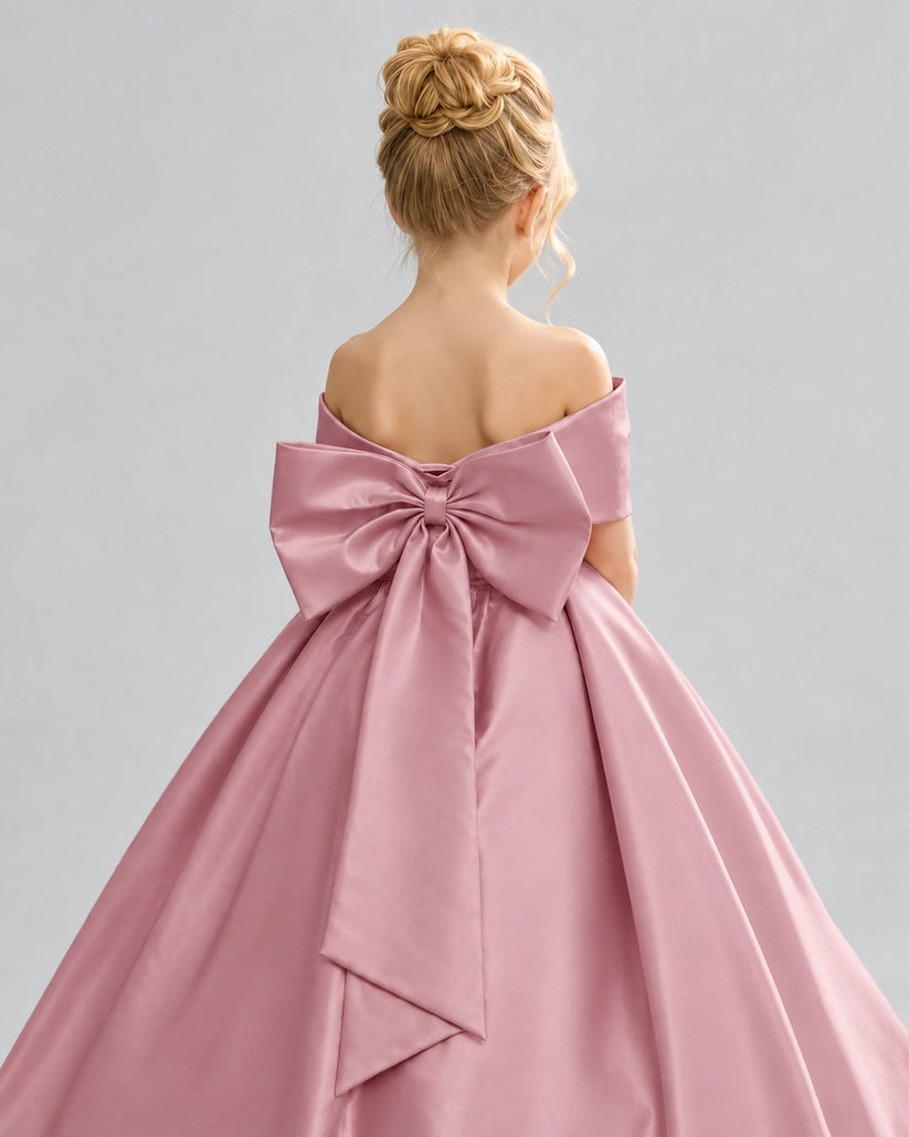 Dusty Rose Satin Flower Girl Dress Back Detail View