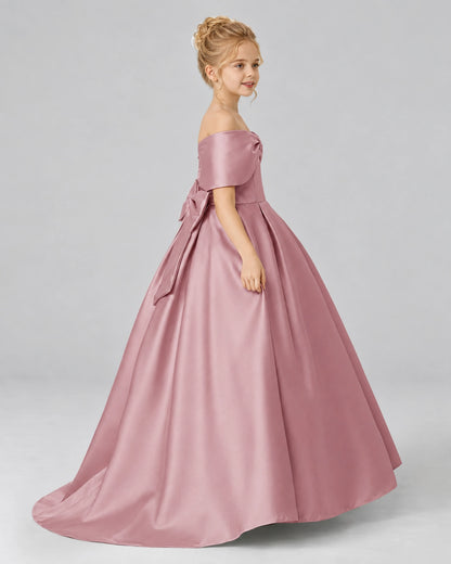 Dusty Rose Satin Flower Girl Dress Side View
