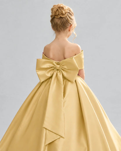 Gold Satin Flower Girl Dress Back Detail View