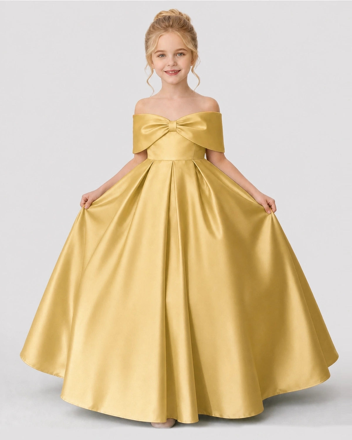 Gold Satin Flower Girl Dress Front View