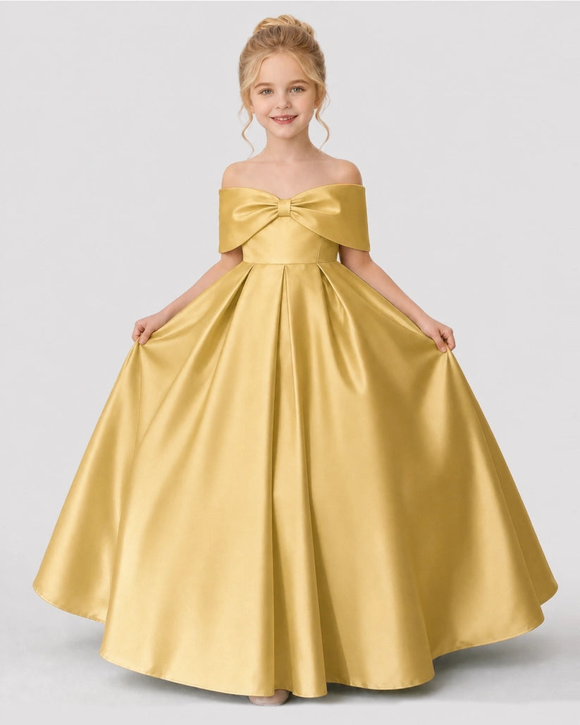 Gold Satin Flower Girl Dress Front View