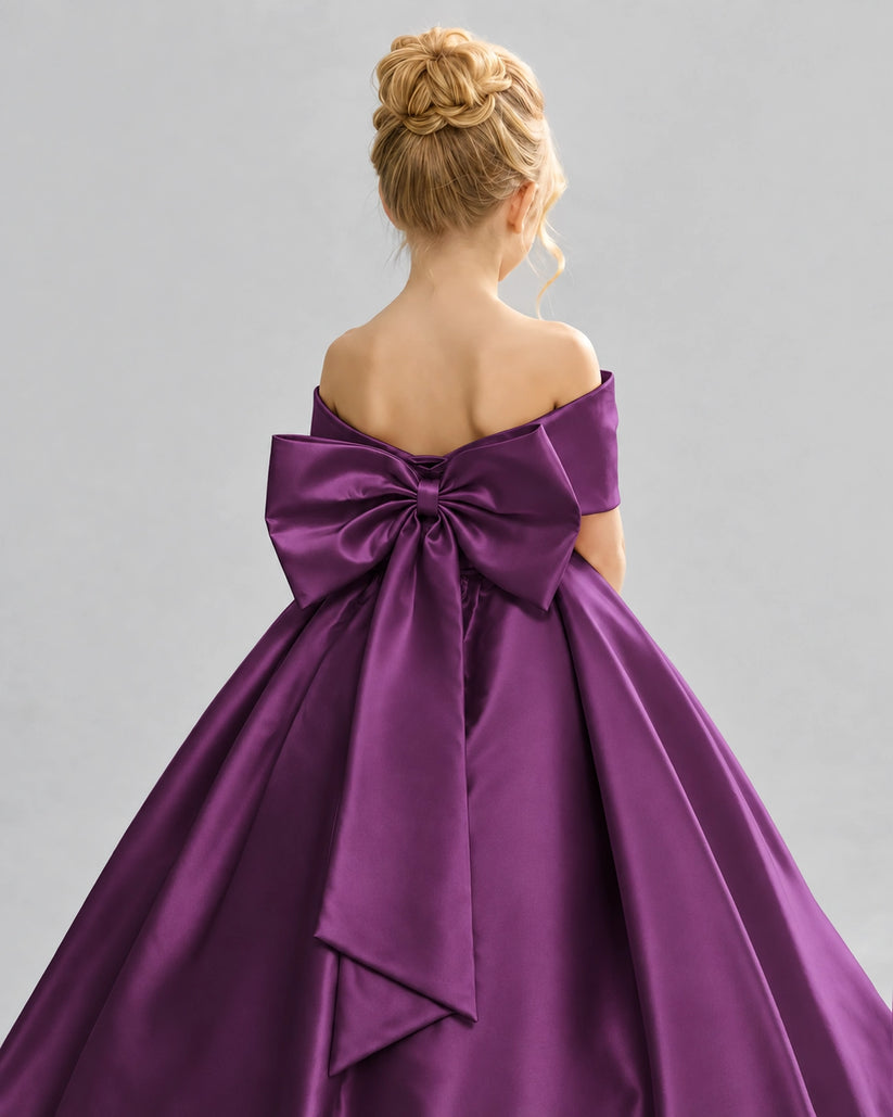 Grape Satin Flower Girl Dress Back Detail View