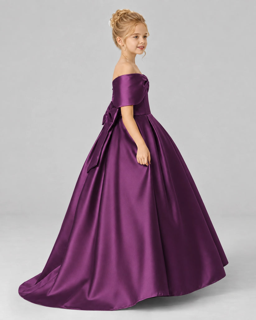 Grape Satin Flower Girl Dress Side View