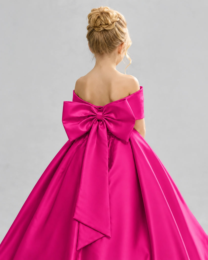 Hot Pink Satin Flower Girl Dress Back Detail View