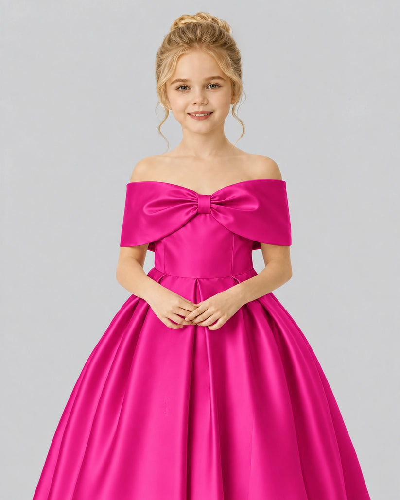 Hot Pink Satin Flower Girl Dress Detail View