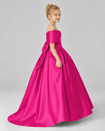 Hot Pink Satin Flower Girl Dress Side View