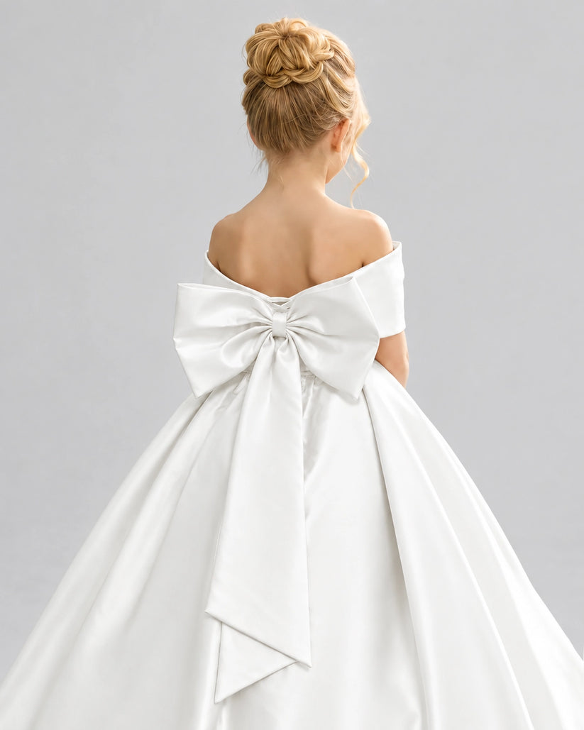 Ivory Satin Flower Girl Dress Back Detail View