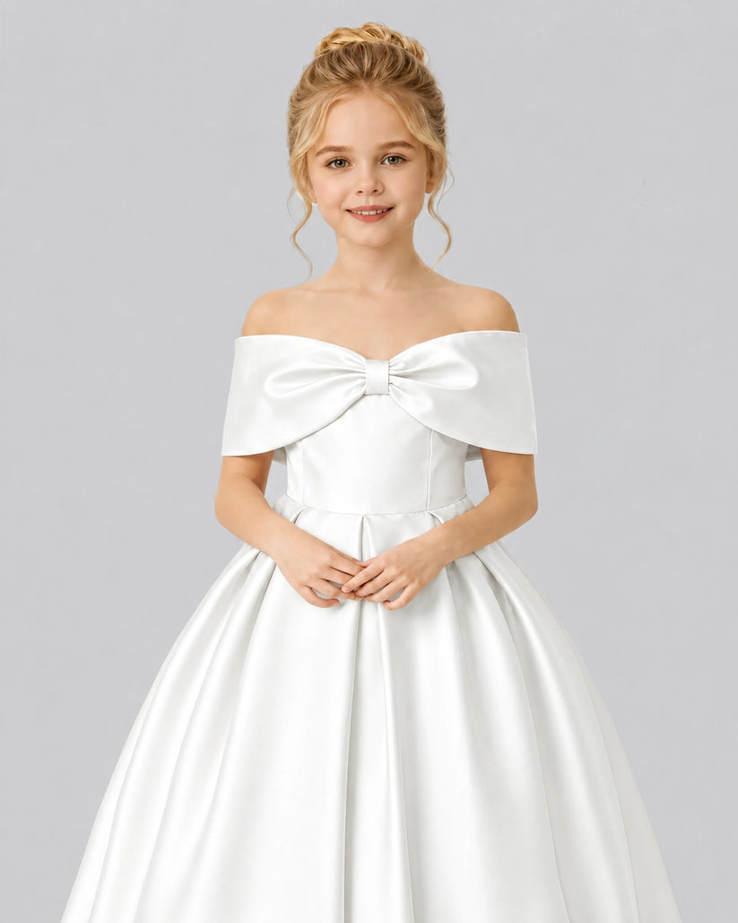 Ivory Satin Flower Girl Dress Detail View
