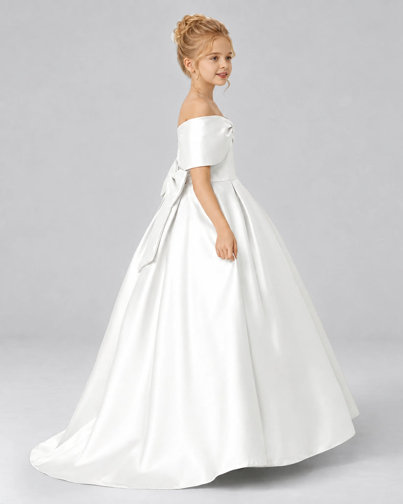 Ivory Satin Flower Girl Dress Side View