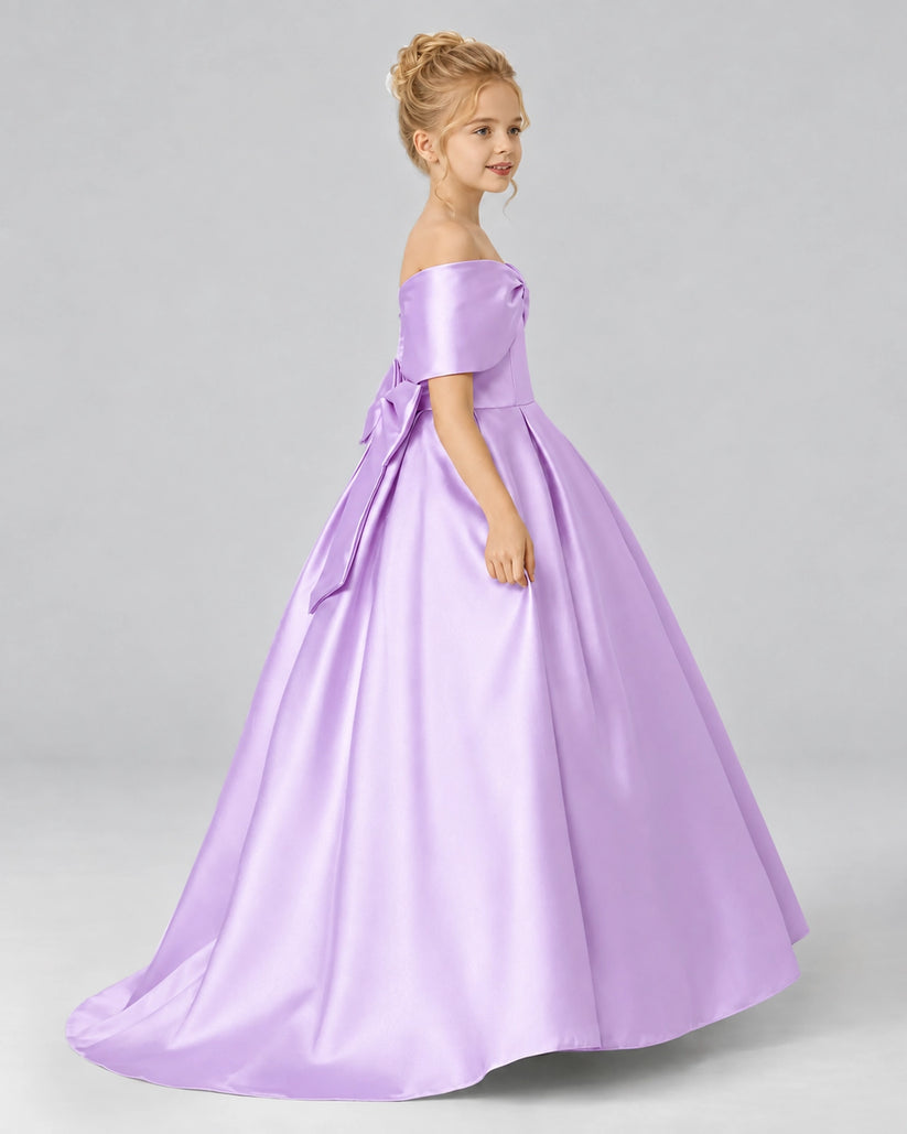 Lilac Satin Flower Girl Dress Side View