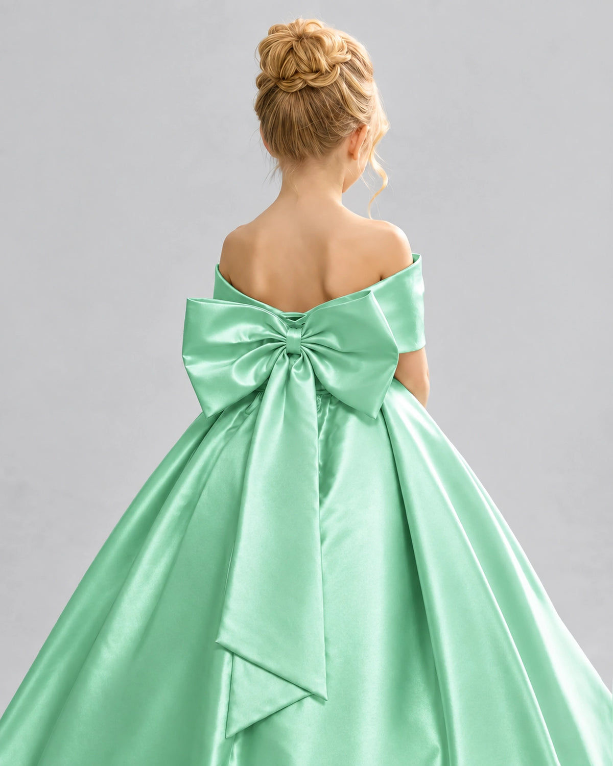 Mint Green Satin Flower Girl Dress Back Detail View