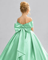 Mint Green Satin Flower Girl Dress Back Detail View