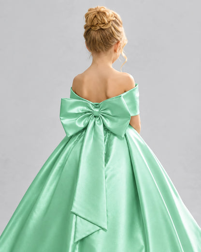 Mint Green Satin Flower Girl Dress Back Detail View