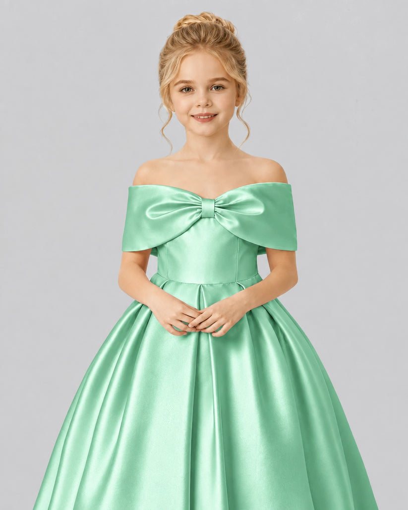 Mint Green Satin Flower Girl Dress Detail View