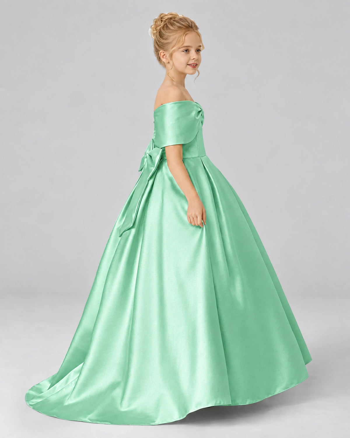 Mint Green Satin Flower Girl Dress Side View