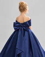 Navy Blue Satin Flower Girl Dress Back Detail View
