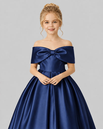 Navy Blue Satin Flower Girl Dress Detail View