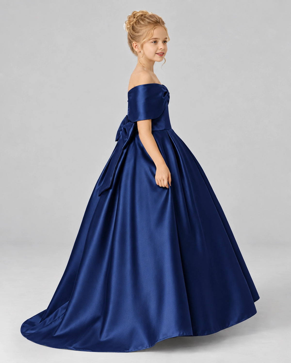 Navy Blue Satin Flower Girl Dress Side View