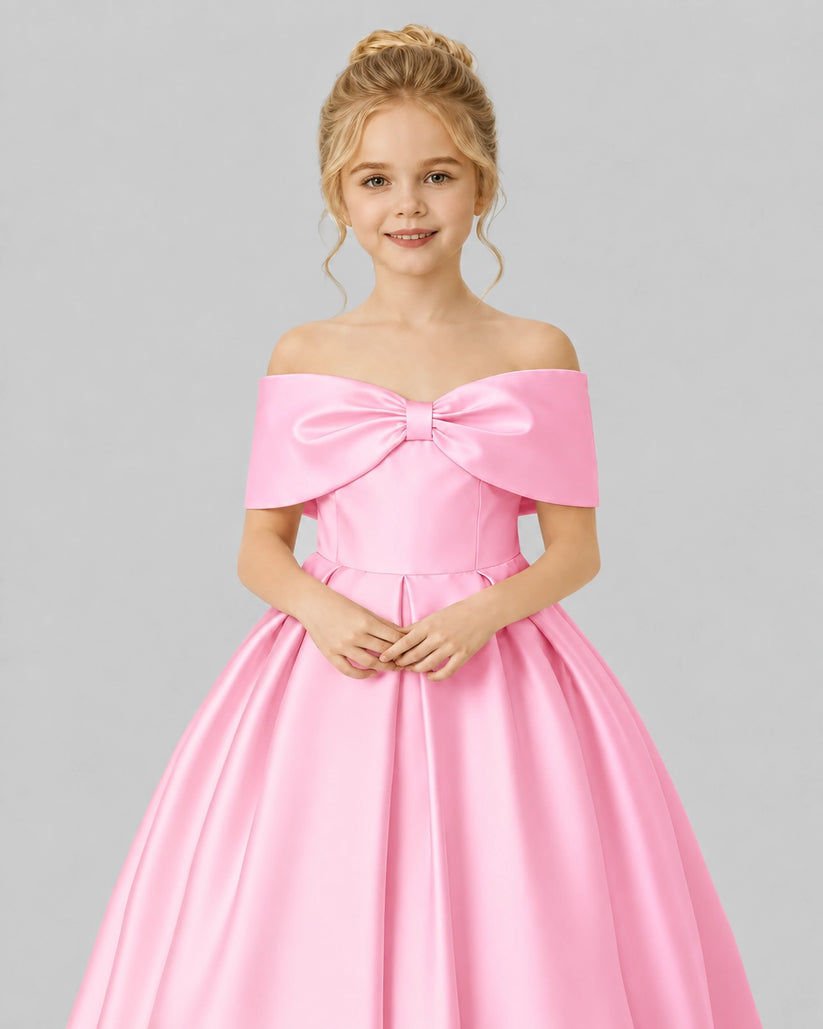 Pink Satin Flower Girl Dress Detail View