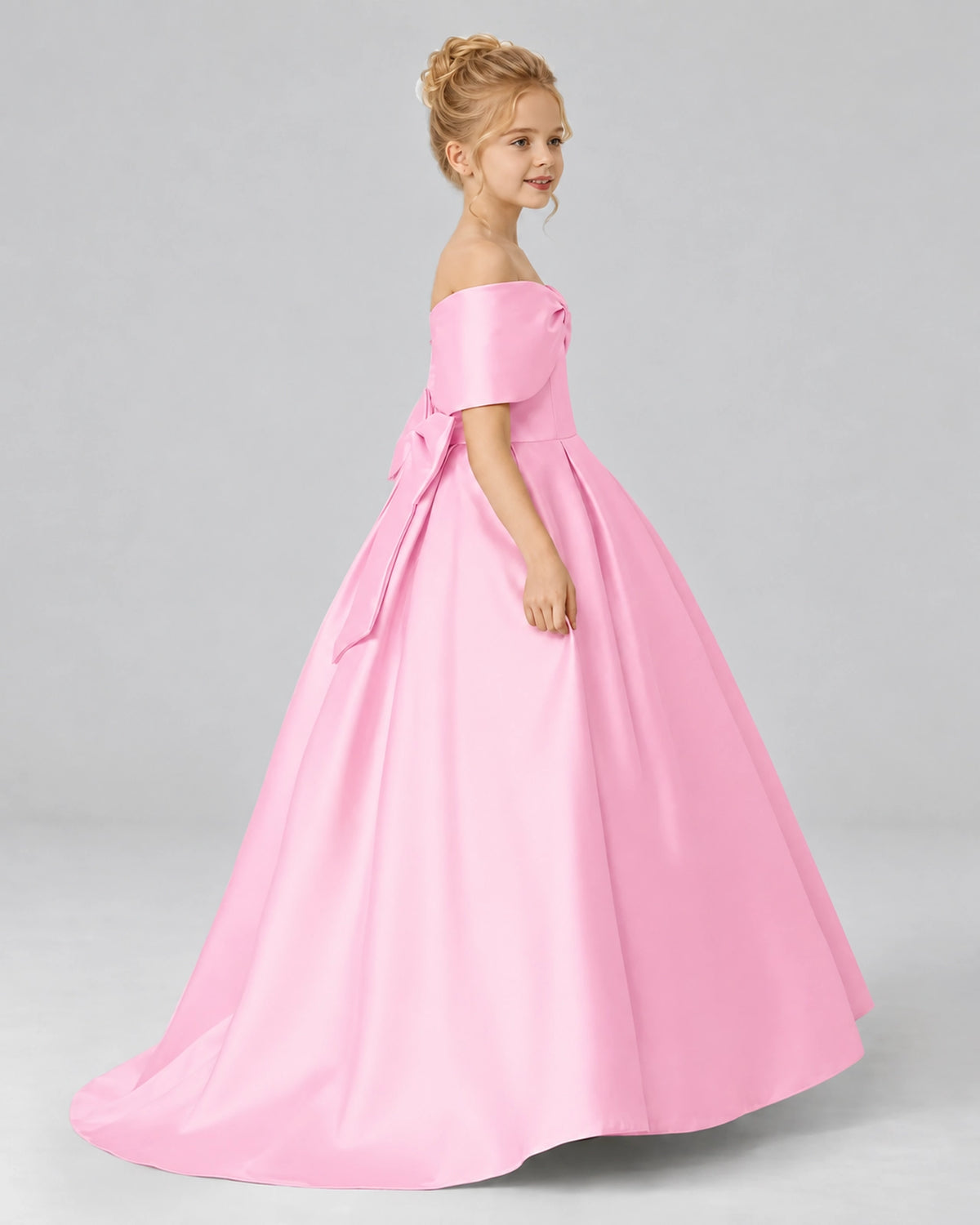 Pink Satin Flower Girl Dress Side View