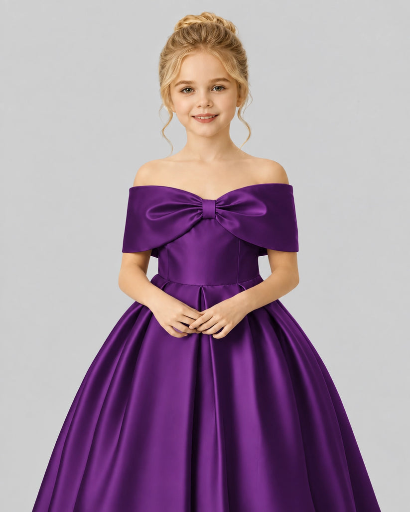 Purple Satin Flower Girl Dress Detail View