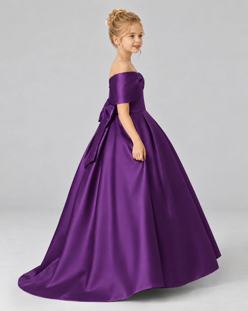 Purple Satin Flower Girl Dress Side View