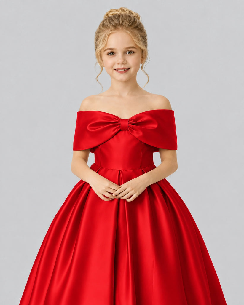 Red Satin Flower Girl Dress Detail View
