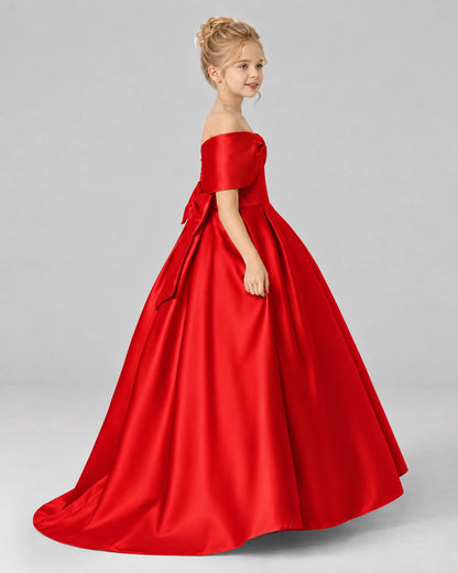 Red Satin Flower Girl Dress Side View