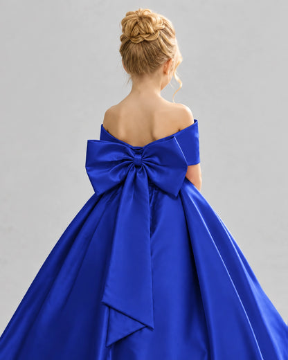 Royal Blue Satin Flower Girl Dress Back Detail View