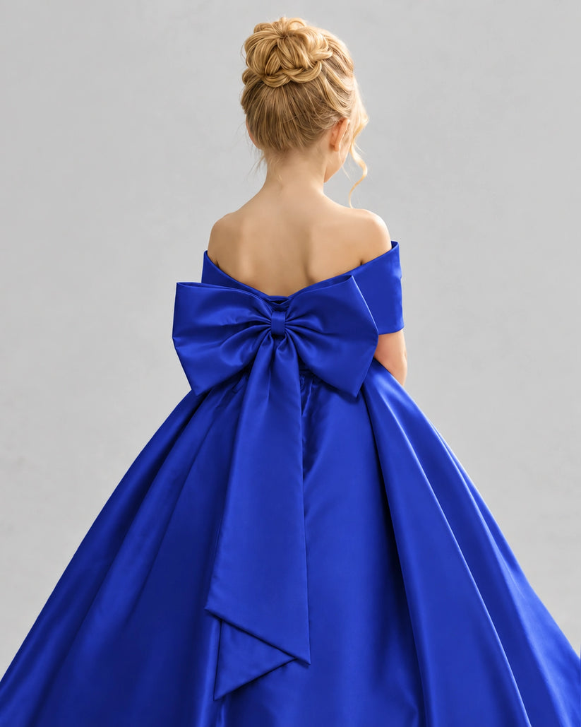 Royal Blue Satin Flower Girl Dress Back Detail View