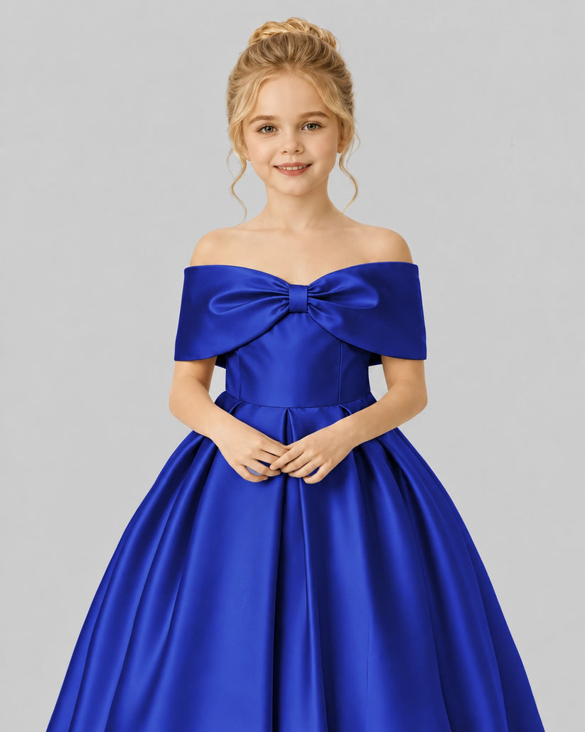 Royal Blue Satin Flower Girl Dress Detail View