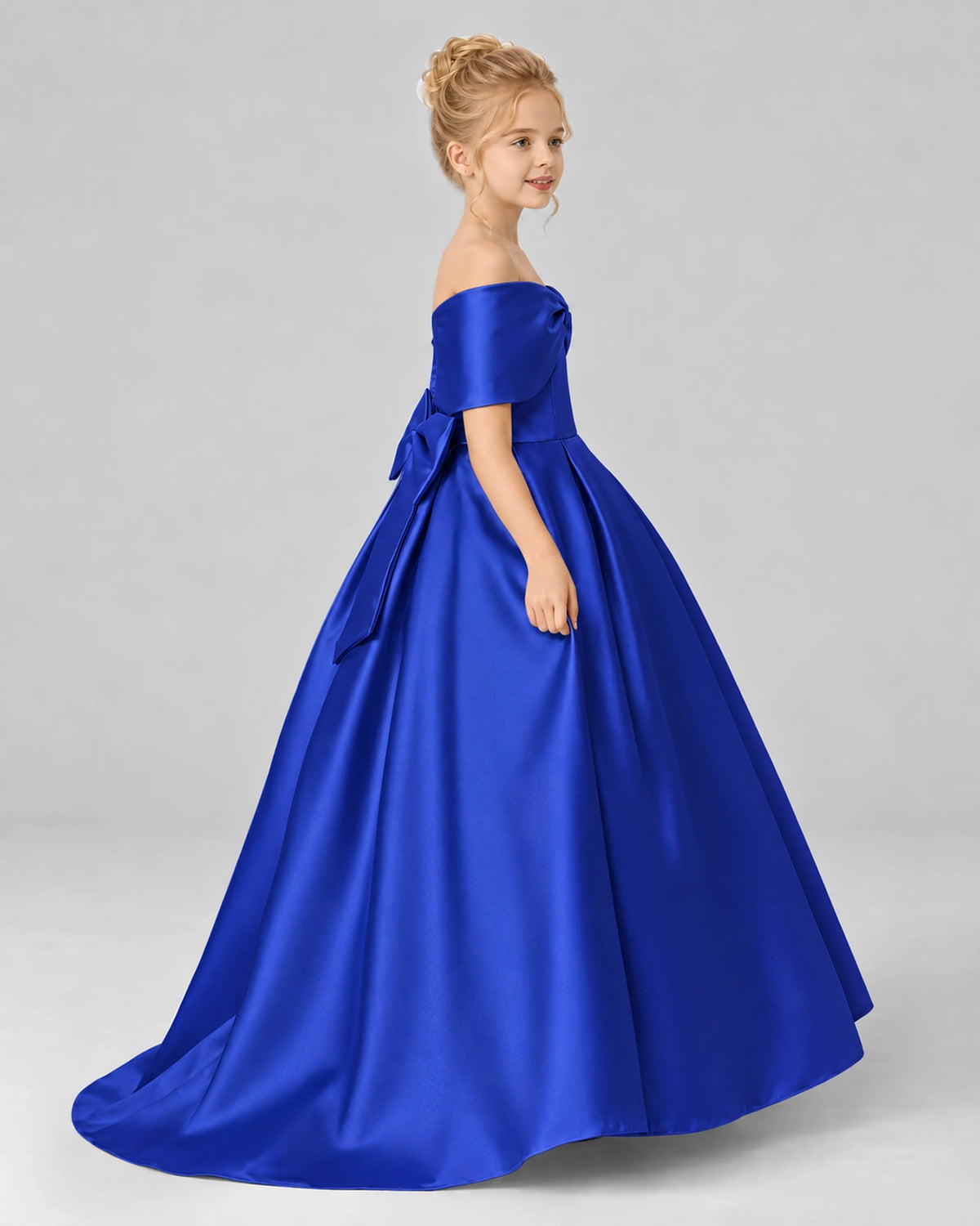 Royal Blue Satin Flower Girl Dress Side View