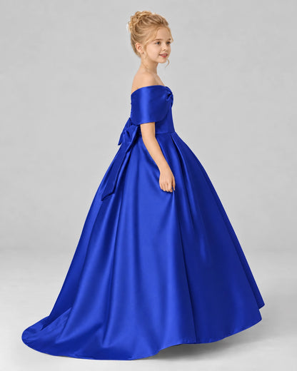 Royal Blue Satin Flower Girl Dress Side View
