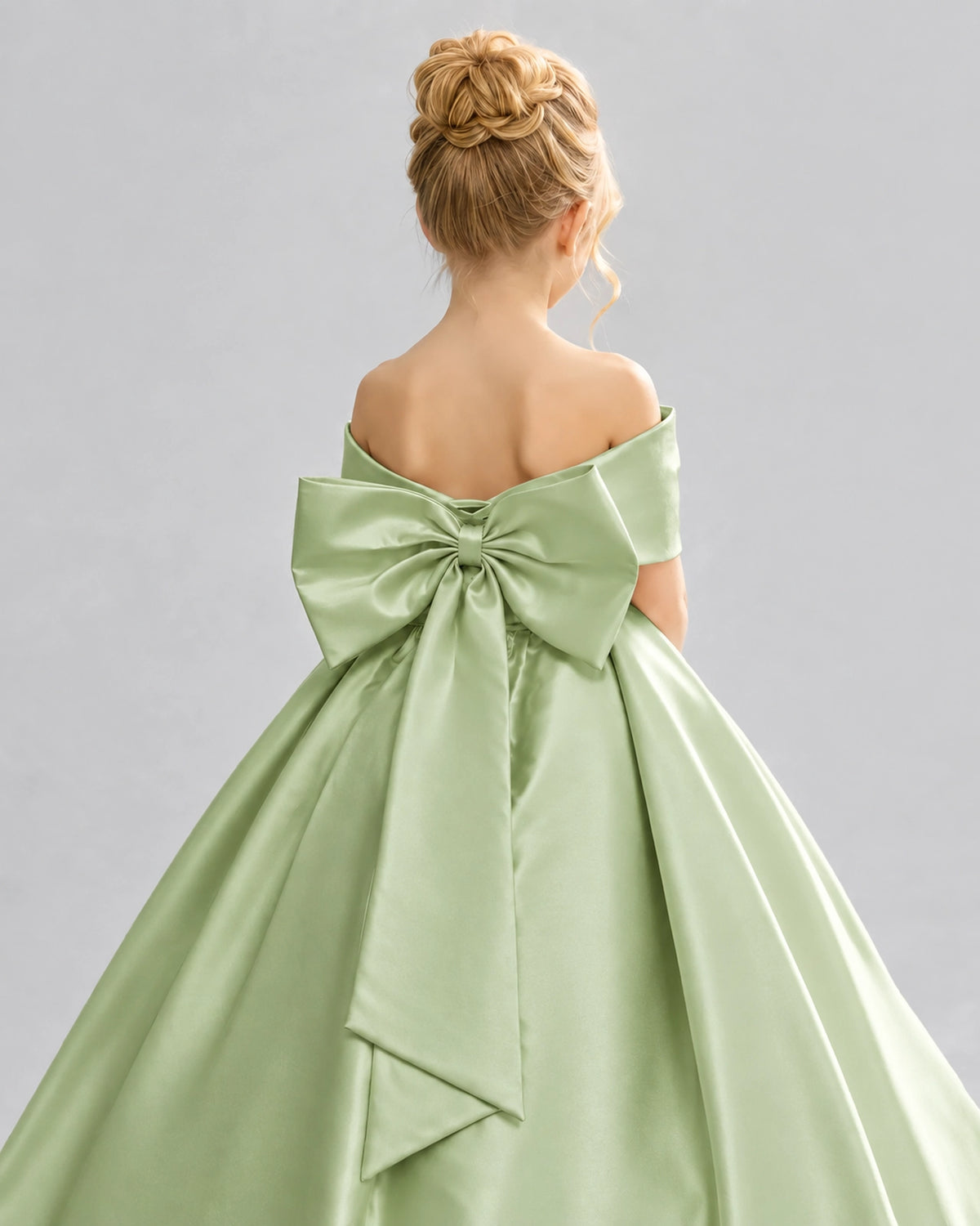 Sage Green Satin Flower Girl Dress Back Detail View