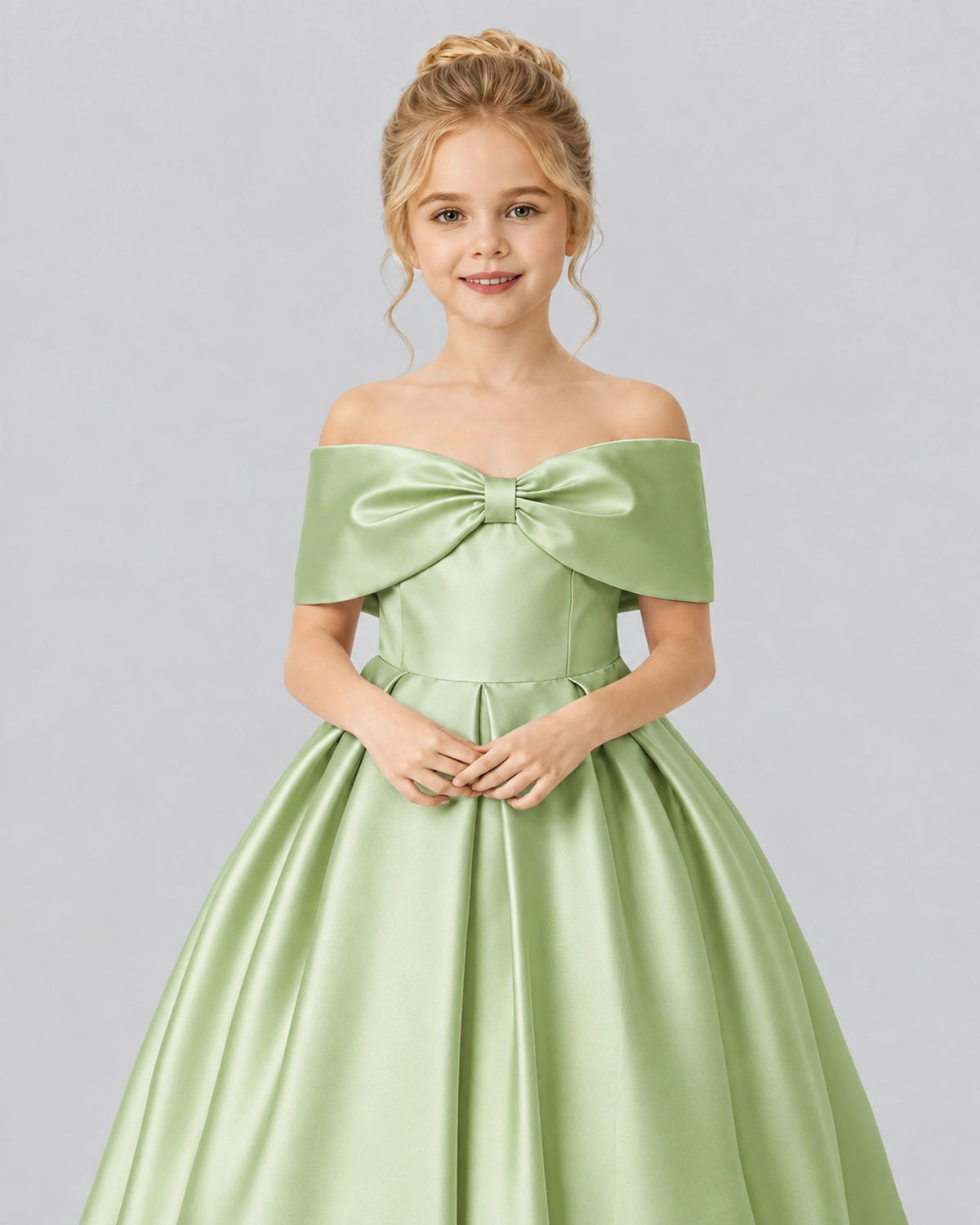Sage Green Satin Flower Girl Dress Detail View