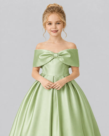 Sage Green Satin Flower Girl Dress Detail View