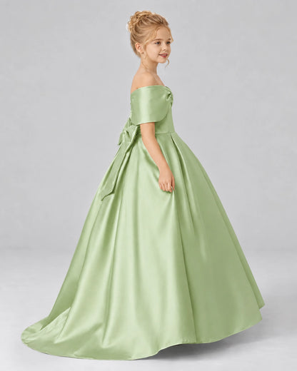 Sage Green Satin Flower Girl Dress Side View