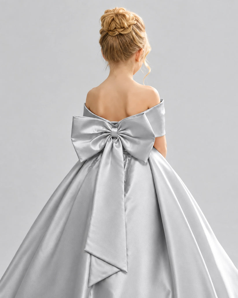 Silver Satin Flower Girl Dress Back Detail View