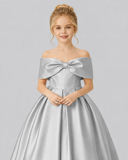 Silver Satin Flower Girl Dress Detail View