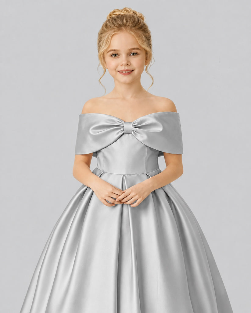 Silver Satin Flower Girl Dress Detail View